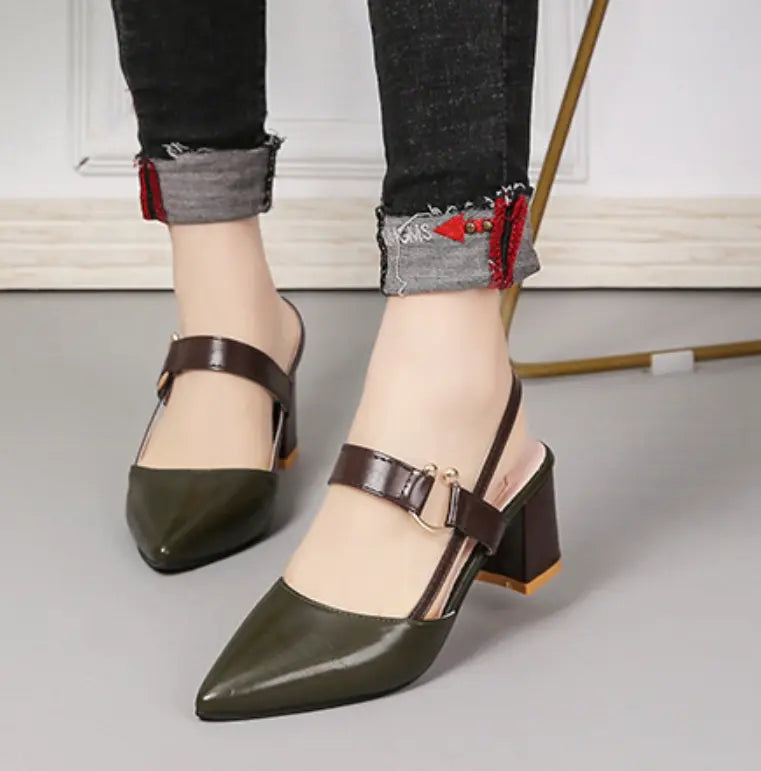 Two-Tone Block Heel Sandals with Buckle Strap Azzoria