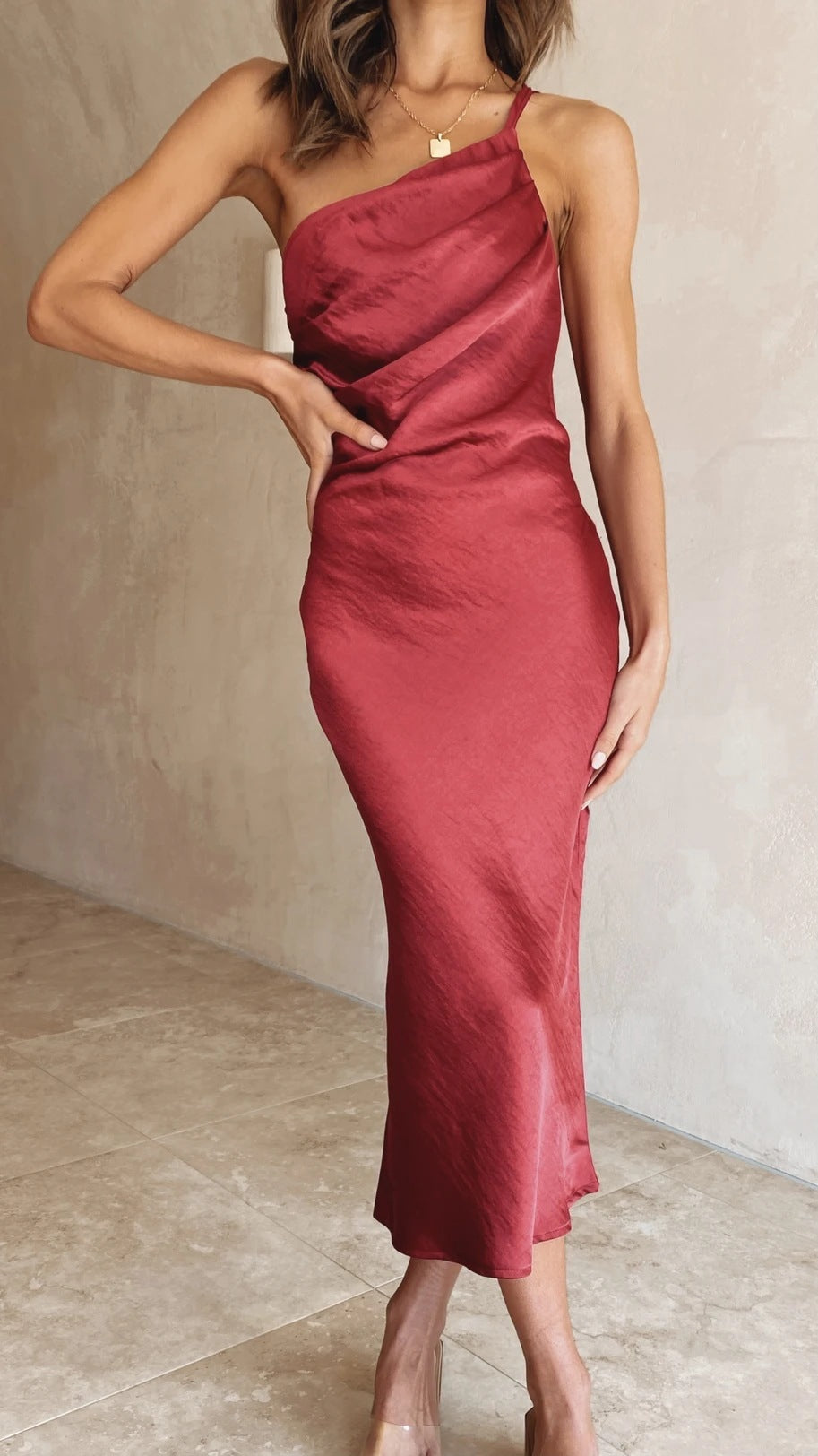 Women One Shoulder Satin Midi Dress Draped Cocktail - Image 5