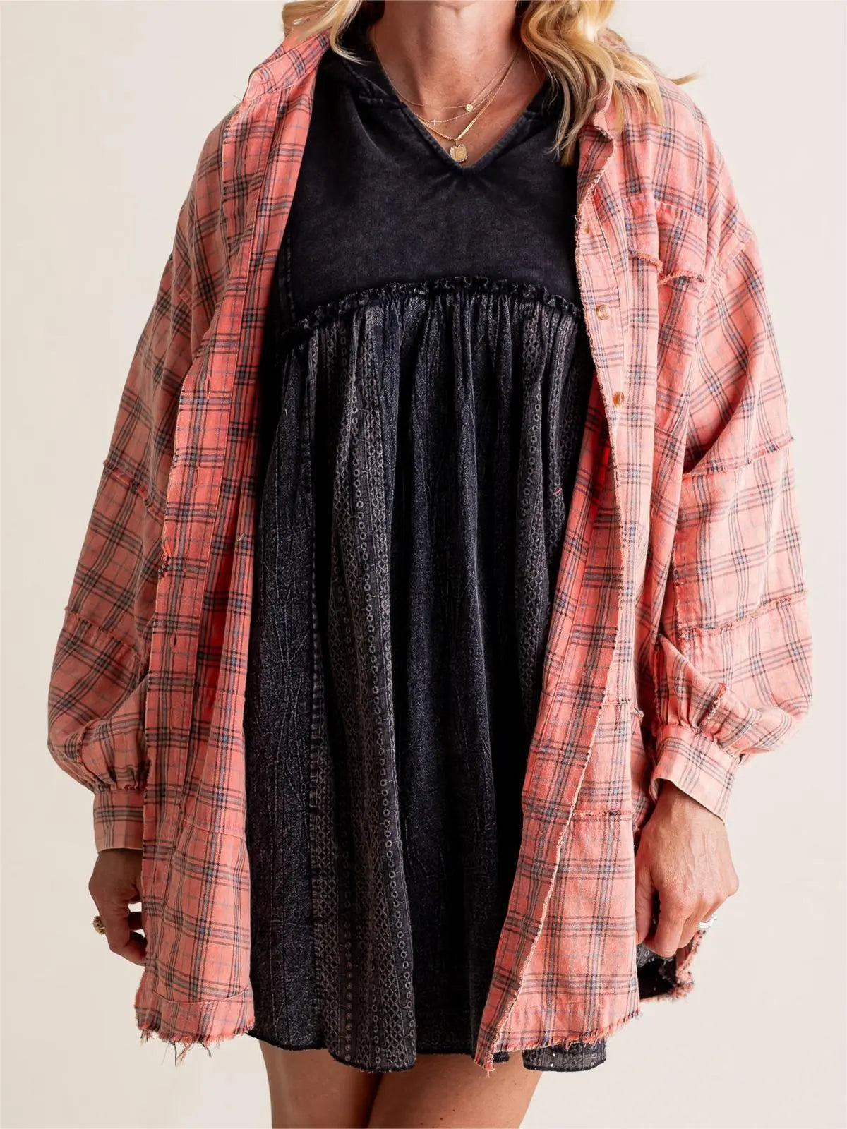Brushed Check Shirt with Frayed Hem for Women Azzoria