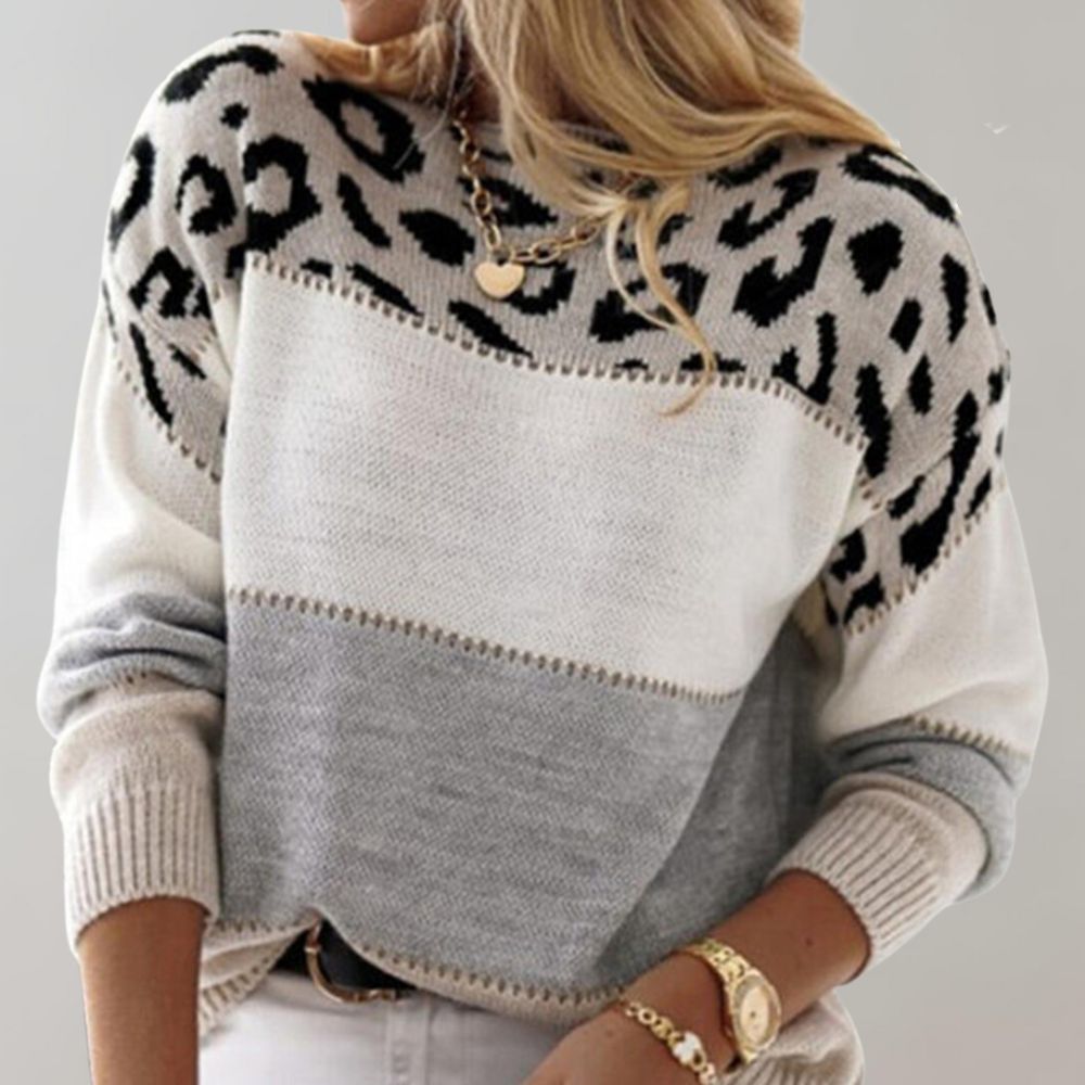 Vioren – Women’s Soft Knit Sweater with Color Block and Leopard Pattern