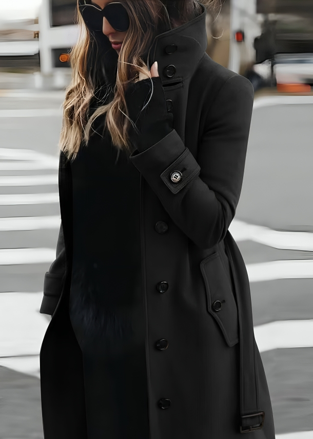 Manteau long pour femme à col montant et ceinture nouée