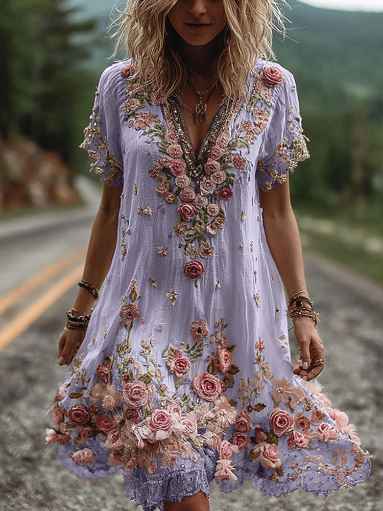 Women Floral Embroidered V-Neck Maxi Dress Garden Party Summer - Image 6