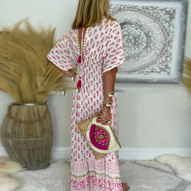 Women Boho Print Maxi Dress Short Sleeve Loose Flowy - Image 3