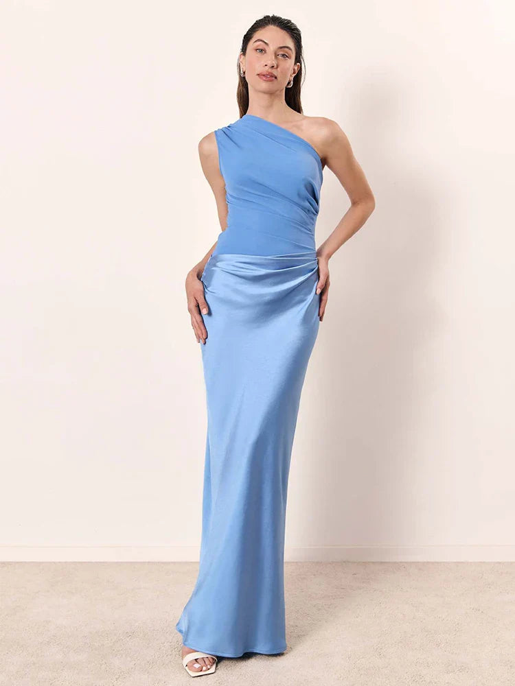 Selminda - Vestido largo de satén con un solo hombro