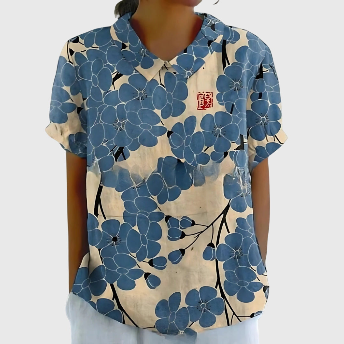 Women Linen Floral Print Short Sleeve Collared Blouse - Image 13