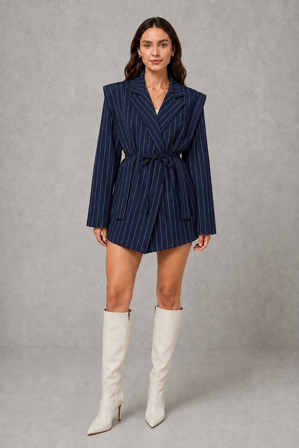 Women Pinstripe Belted Longline Blazer Tailored - Image 11
