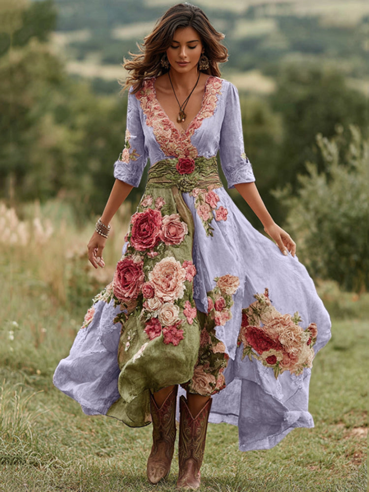 Women Floral Midi Dress V-Neck Asymmetrical Hem Boho - Image 6