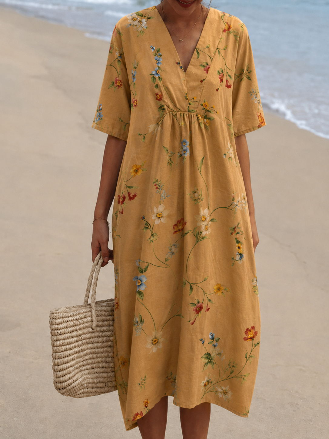 Women Floral Midi Dress V-Neck Short Sleeve Summer Casual - Image 17