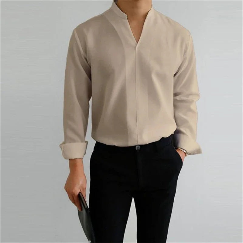 Men's Long Sleeve Mandarin Collar Casual Shirt - Image 10