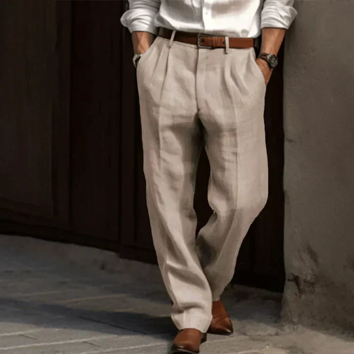 Men's Grey Linen Pants Relaxed Fit Pleated Trousers - Image 4