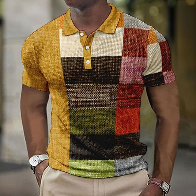 Men's Patchwork Checkered Short Sleeve Polo Shirt - Image 14