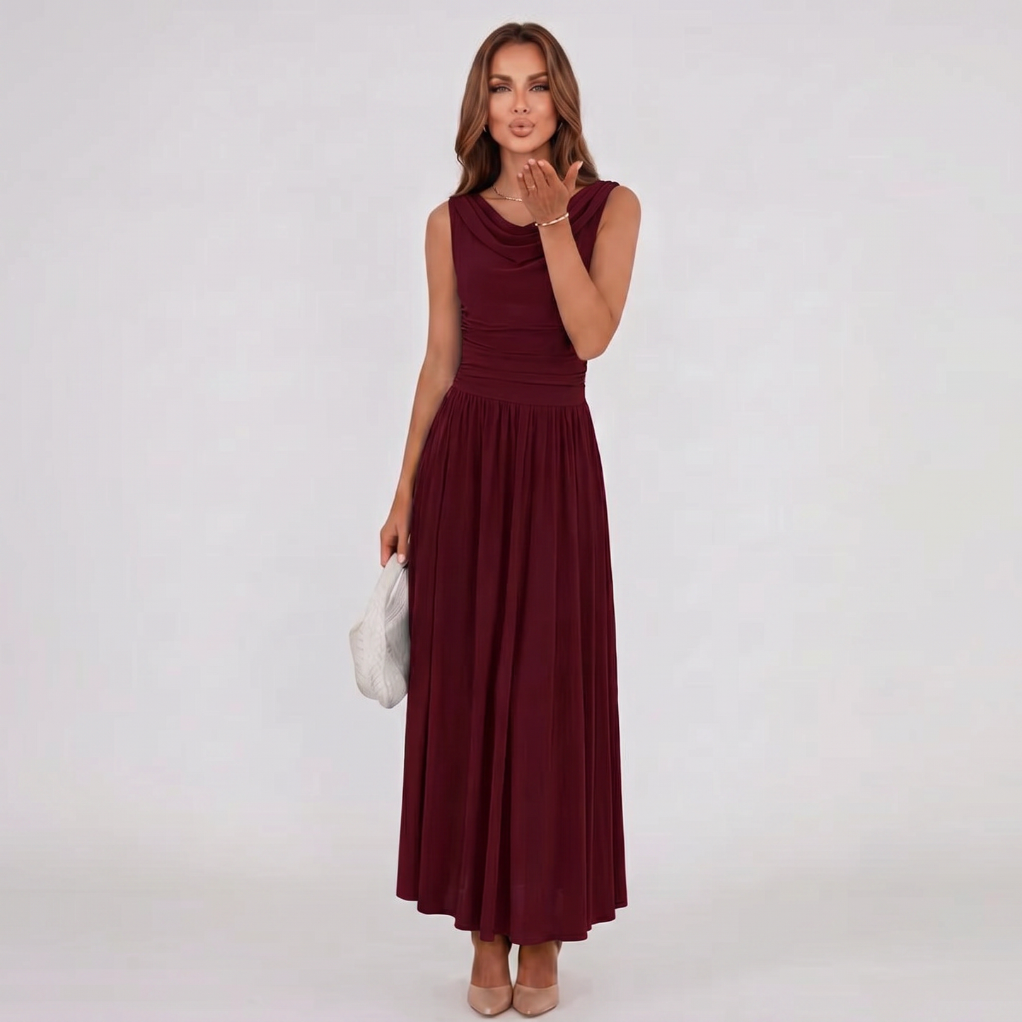 Women Draped Neck Pleated Midi Dress Wedding Guest - Image 20