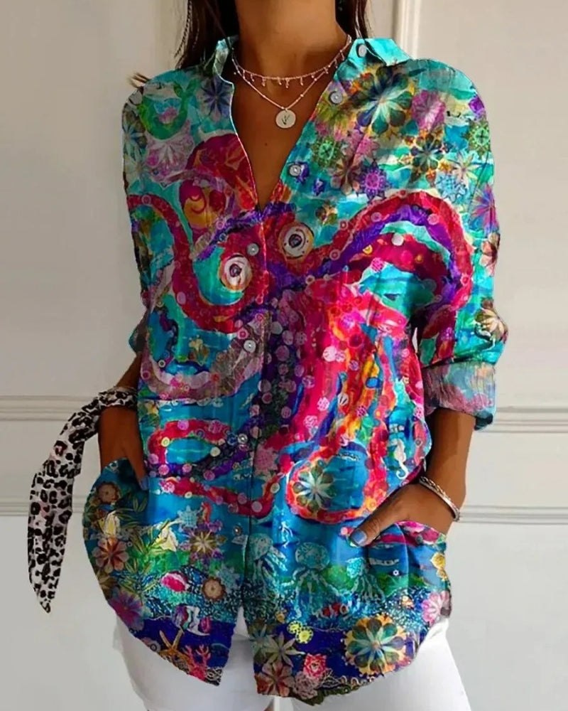 Virela - Blusa de manga larga con estampado integral para mujer