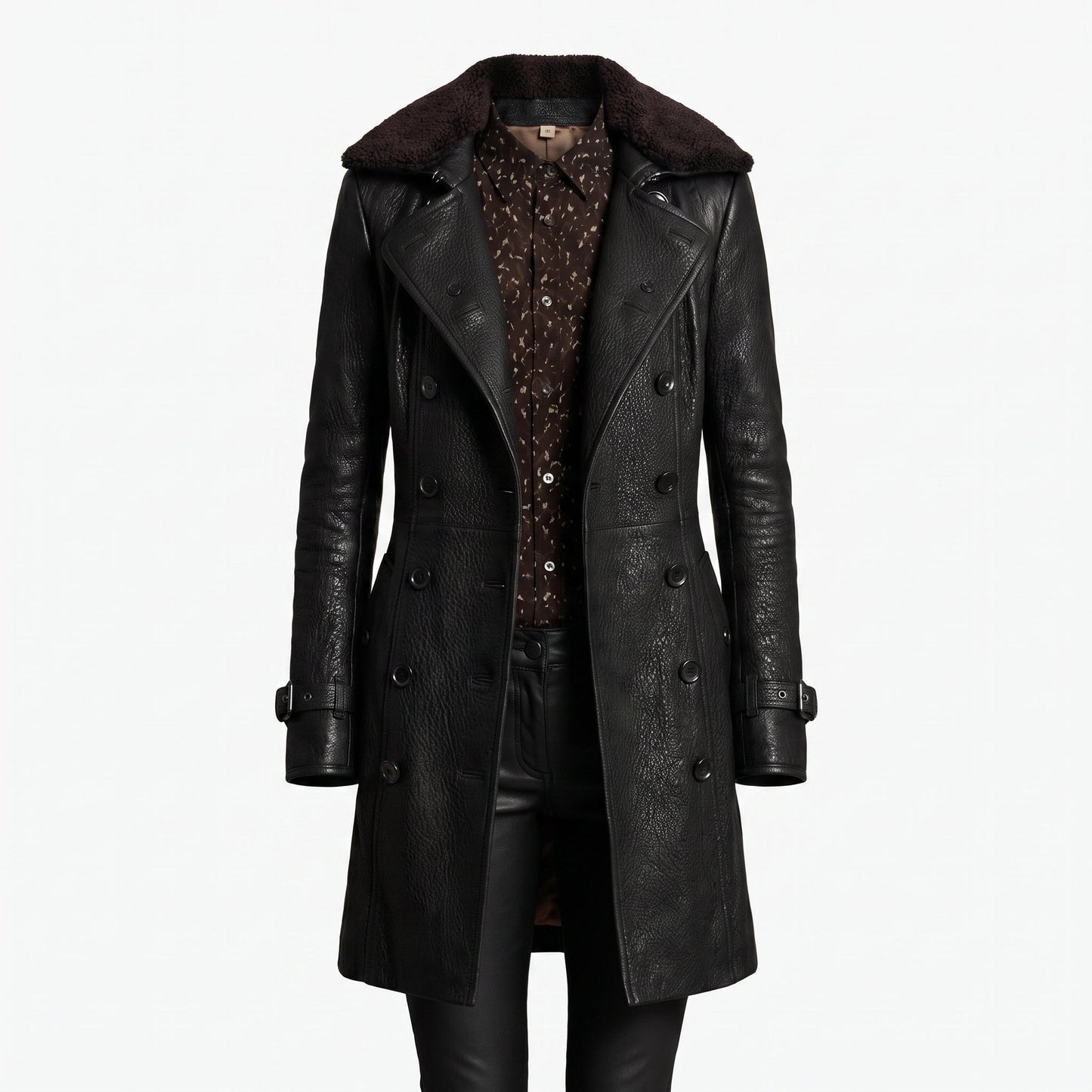 Women's Leather Double Breasted Longline Trench Coat Shearling Collar - Image 6