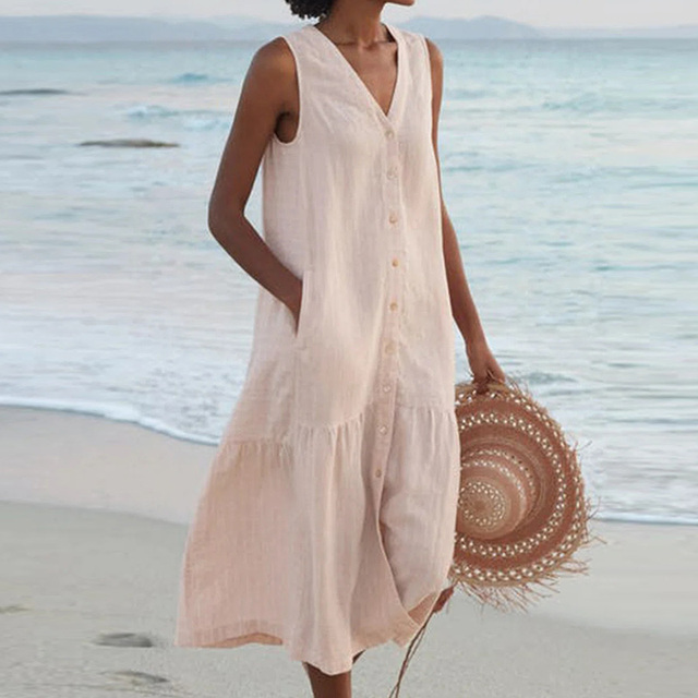 Women Sleeveless V-Neck Button Front Midi Dress Summer