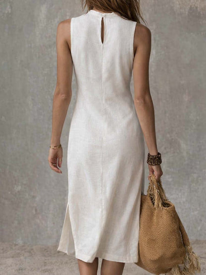 Women Cotton Linen Sleeveless Midi Dress Split Hem - Image 2