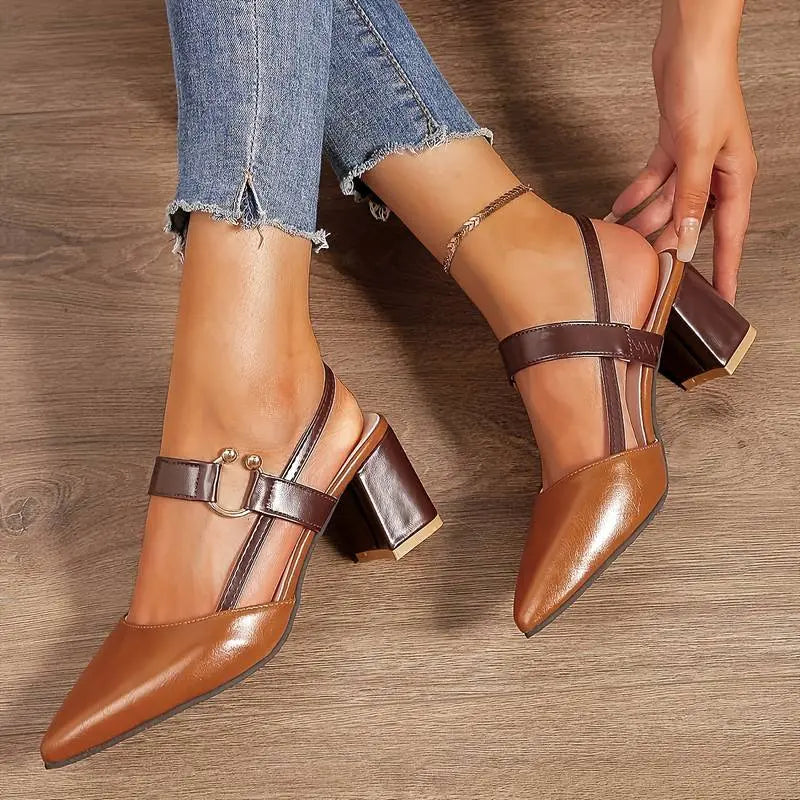 Two-Tone Block Heel Sandals with Buckle Strap Azzoria