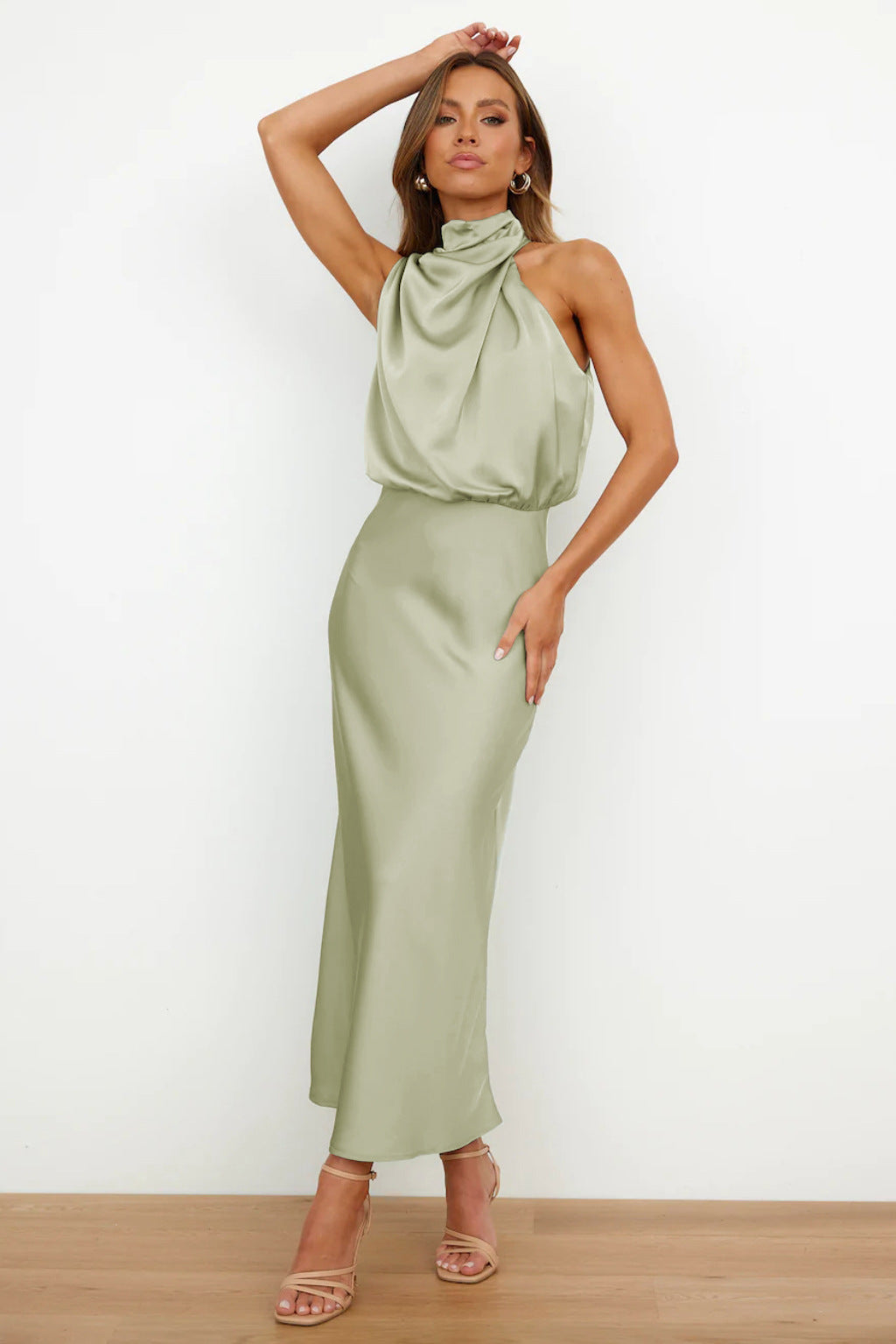 Women Satin Cowl Neck Open Back Maxi Dress - Image 5
