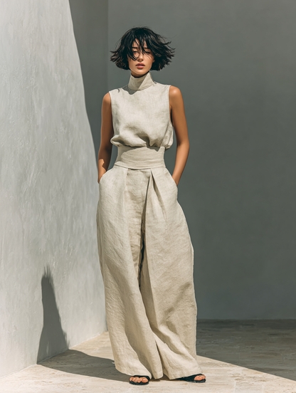 Catrine – Ensemble débardeur en coton et lin et pantalon à jambes larges