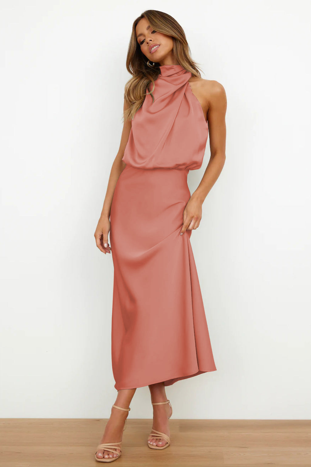 Women Satin Cowl Neck Open Back Maxi Dress