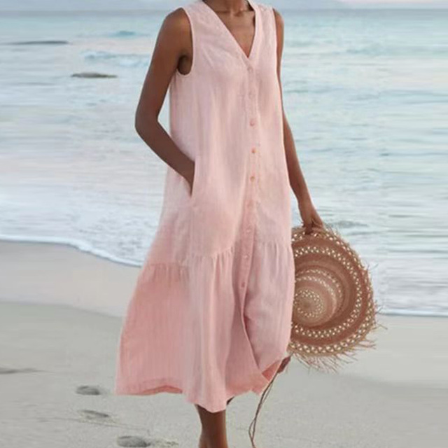 Women Sleeveless V-Neck Button Front Midi Dress Summer - Image 4