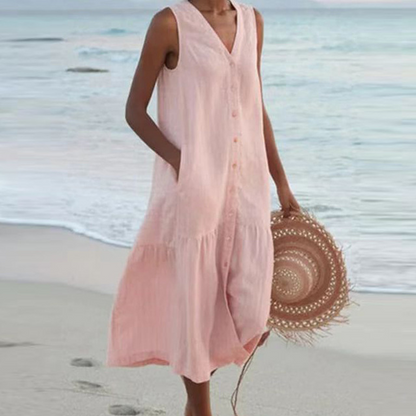 Women Sleeveless V-Neck Button Front Midi Dress Summer - Image 4