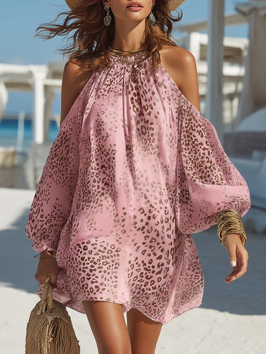 Women Metallic Leopard Print Cold Shoulder Boho Mini Dress - Image 7