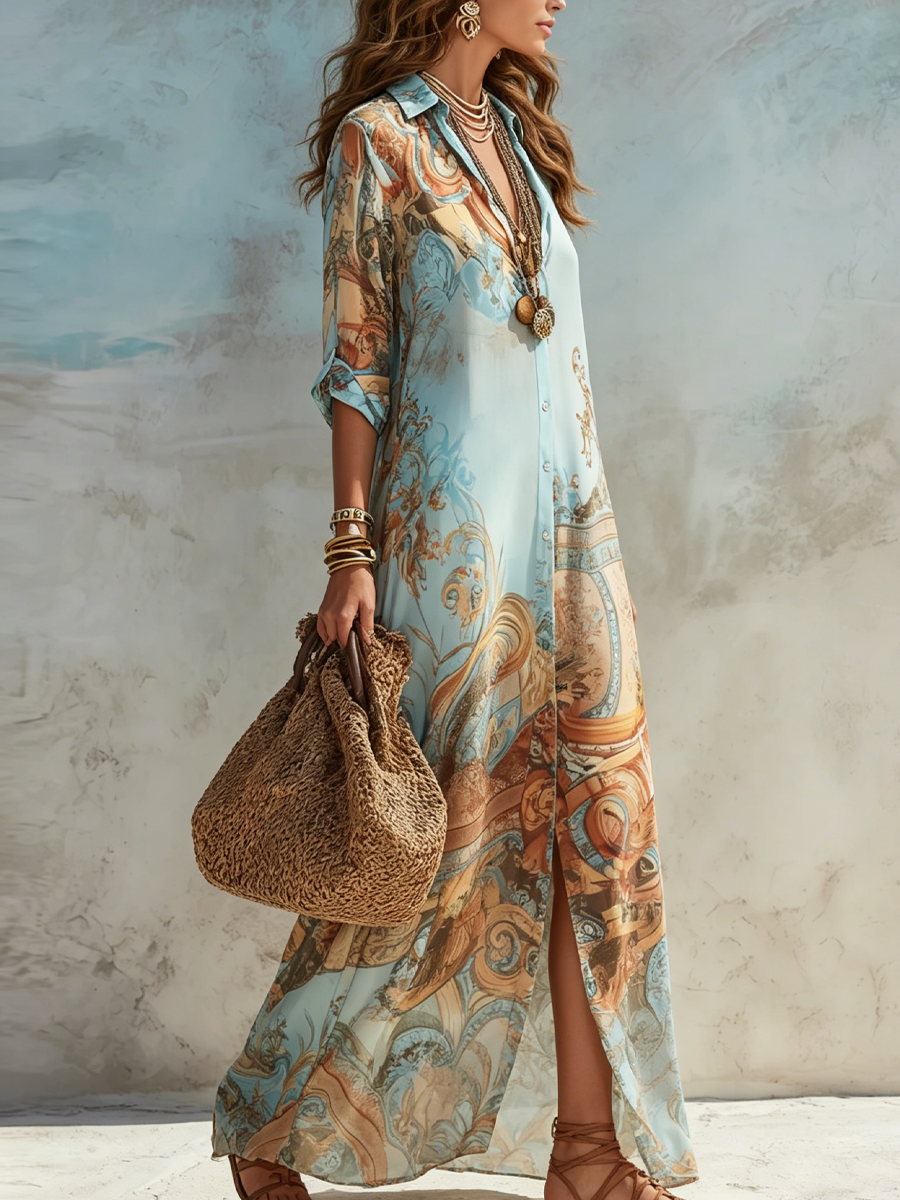 Women Chiffon Print Maxi Dress Shirt Collar Summer Vacation - Image 2