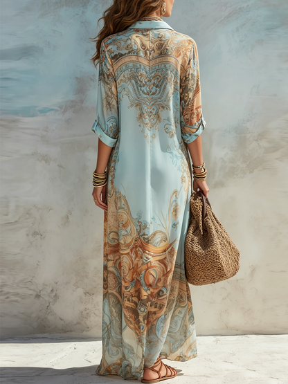 Women Chiffon Print Maxi Dress Shirt Collar Summer Vacation - Image 5