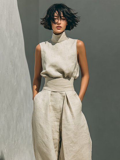 Catrine – Ensemble débardeur en coton et lin et pantalon à jambes larges
