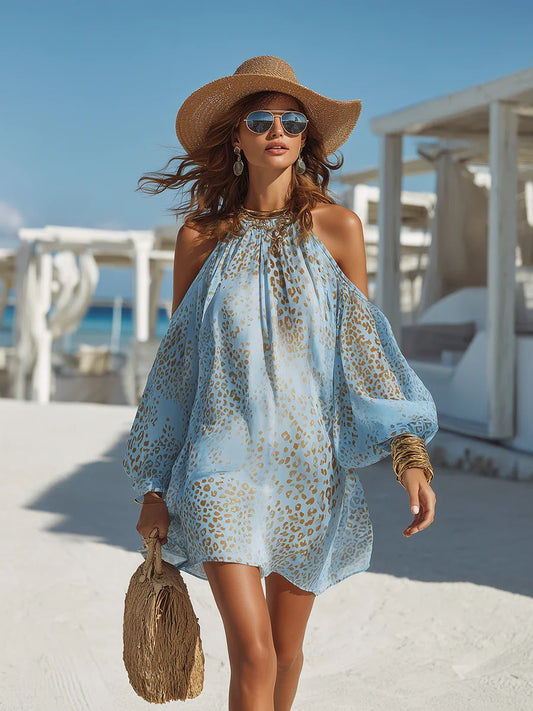 Women Metallic Leopard Print Cold Shoulder Boho Mini Dress