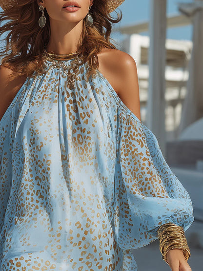 Women Metallic Leopard Print Cold Shoulder Boho Mini Dress - Image 4