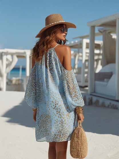 Women Metallic Leopard Print Cold Shoulder Boho Mini Dress - Image 3