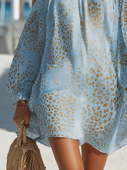 Women Metallic Leopard Print Cold Shoulder Boho Mini Dress - Image 5