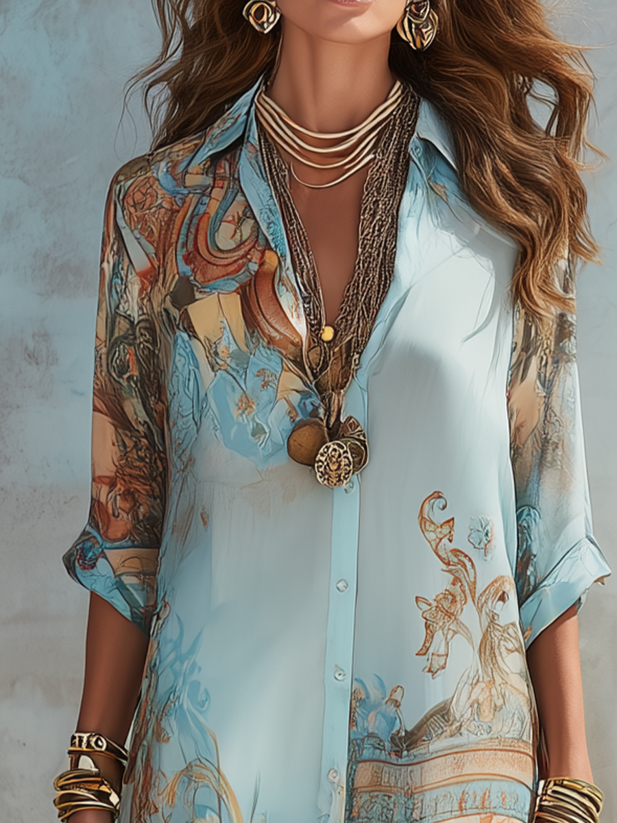 Women Chiffon Print Maxi Dress Shirt Collar Summer Vacation - Image 6