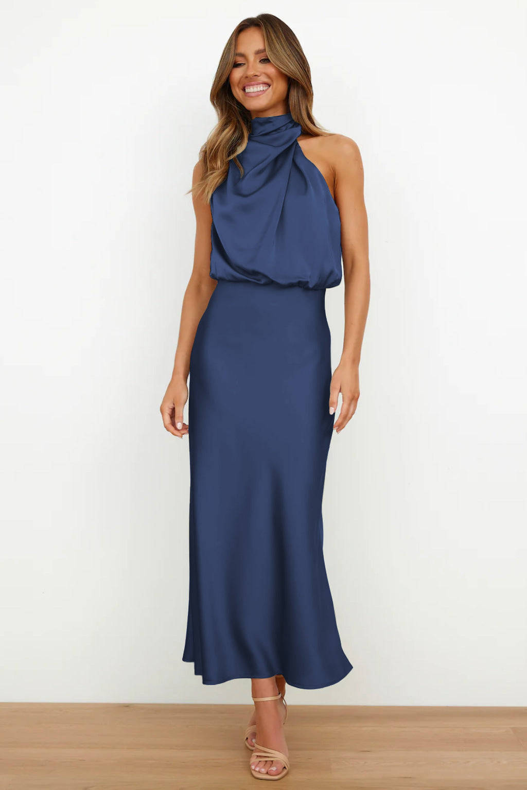 Women Satin Cowl Neck Open Back Maxi Dress - Image 2
