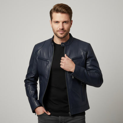 Ravion – Men’s Zip Front Biker Jacket with Stand Collar