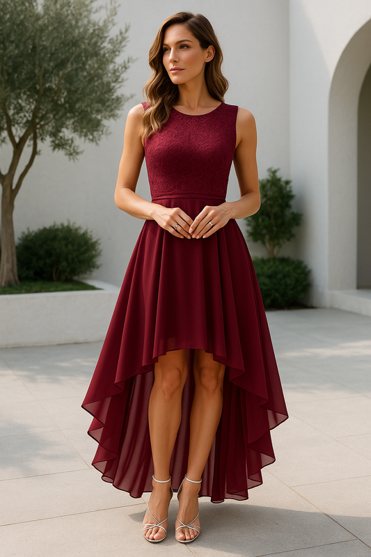 Women Sleeveless Asymmetric Hem Fitted Bodice Midi Dress