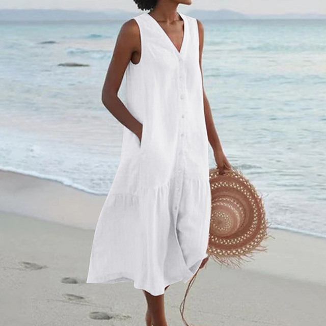 Women Sleeveless V-Neck Button Front Midi Dress Summer - Image 3