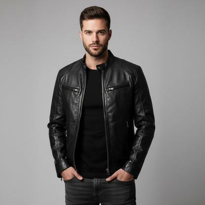 Ravion – Men’s Zip Front Biker Jacket with Stand Collar