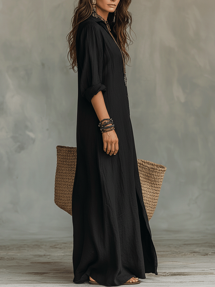 Women Black Button Front Boho Long Sleeve Shirt Maxi Dress - Image 11