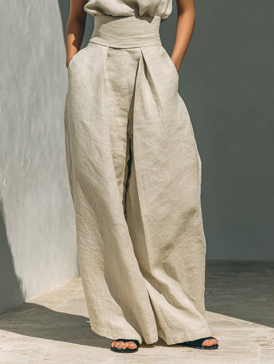 Catrine – Ensemble débardeur en coton et lin et pantalon à jambes larges