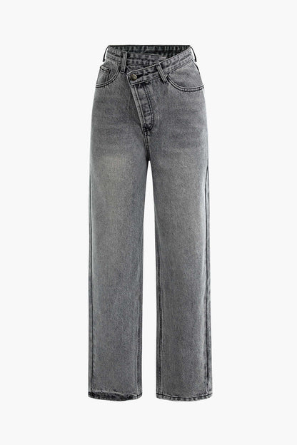 Elvarynn - Jeans de cintura asimétrica para mujer