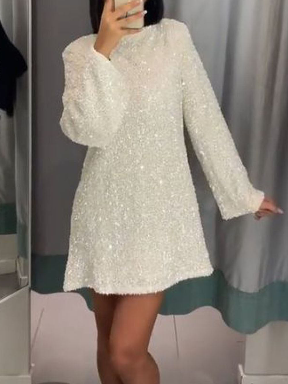 Women Boucle Long Sleeve Mini Dress - Image 6