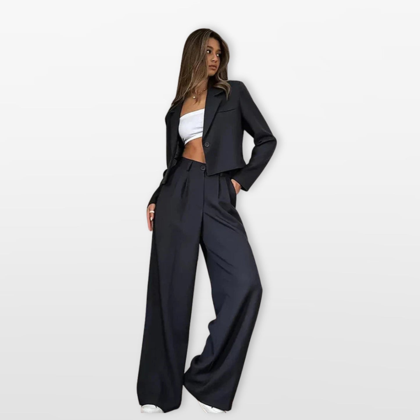 Women 2 Piece Cropped Blazer Wide Leg Pant Suit Set - Image 2