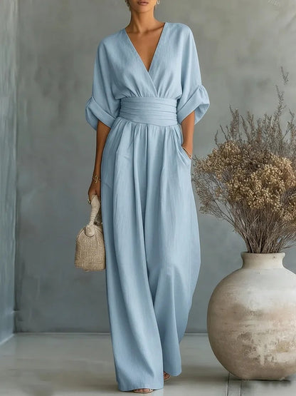 Monira - Elegant V Neck Wide Leg Jumpsuit