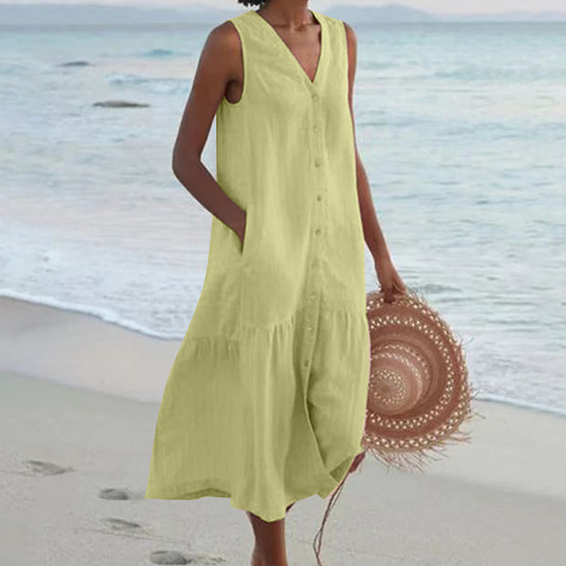 Women Sleeveless V-Neck Button Front Midi Dress Summer - Image 6