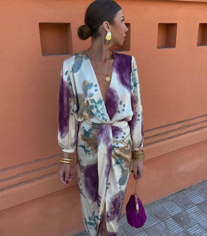 Seluné - Elegant V Neck Midi Dress With Belt