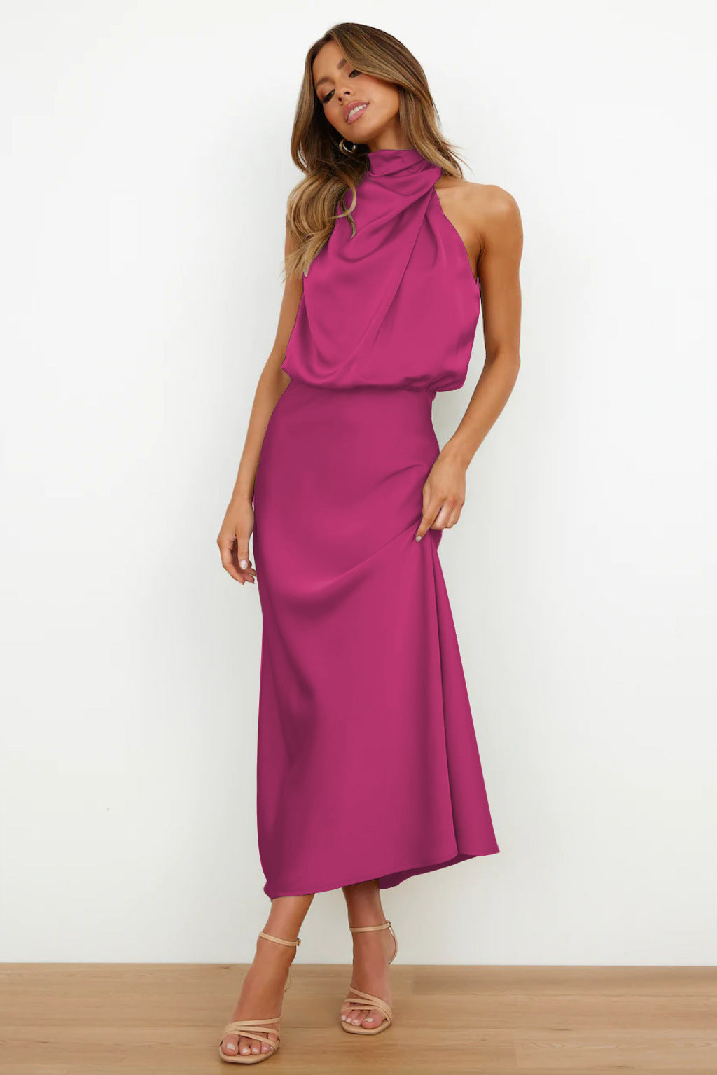 Women Satin Cowl Neck Open Back Maxi Dress - Image 3