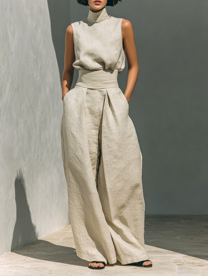 Catrine – Ensemble débardeur en coton et lin et pantalon à jambes larges